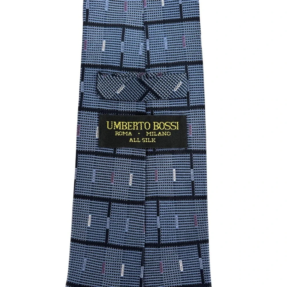 Umberto Bossi Roma Milano Mens Silk Tie Blue Geometric Hand Made Italy 60